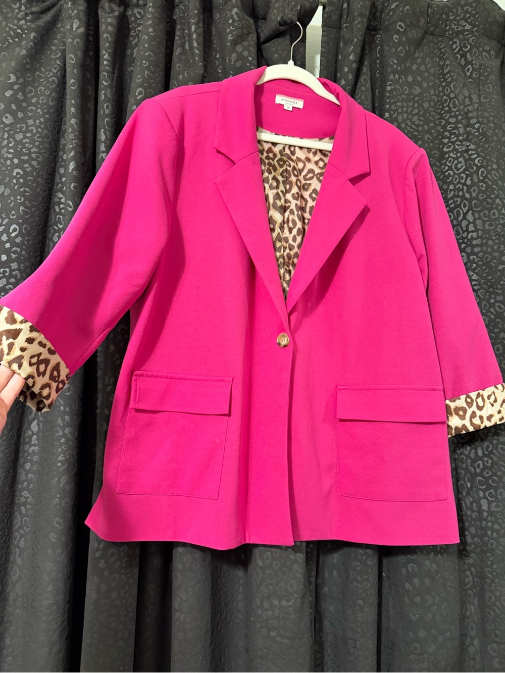 Le Suit Hot Pink Blazer with Leopard Trim